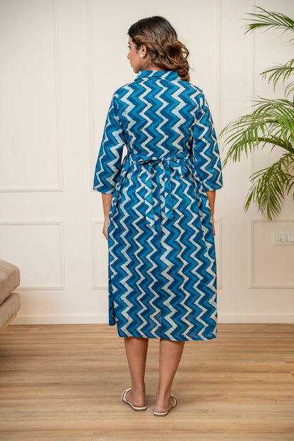 Indigo Ripple Buttoned Cotton  Maternity & Nursing Dress