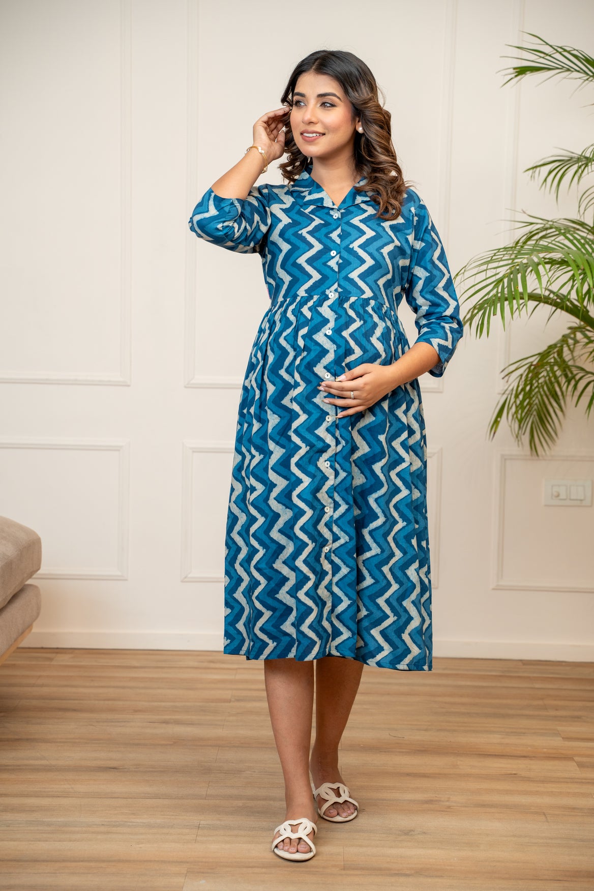 Indigo Ripple Buttoned Cotton  Maternity & Nursing Dress