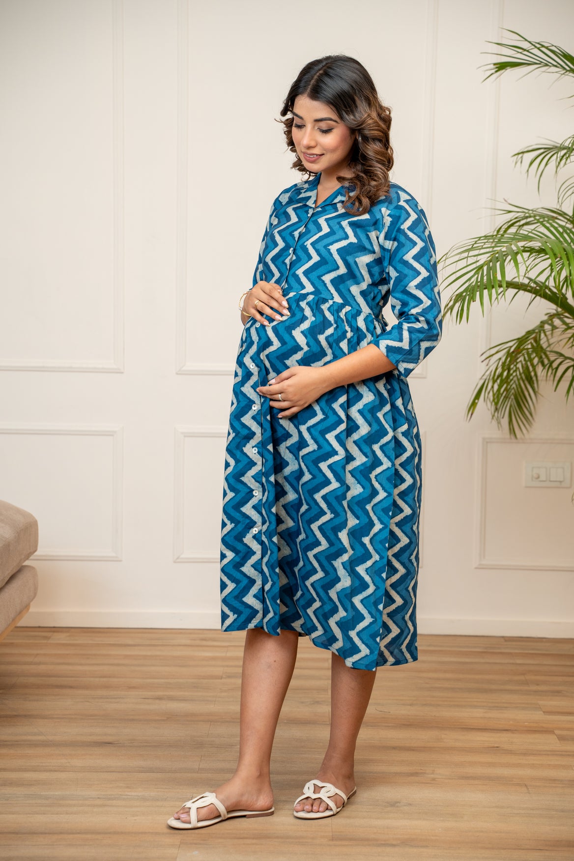 Indigo Ripple Buttoned Cotton  Maternity & Nursing Dress