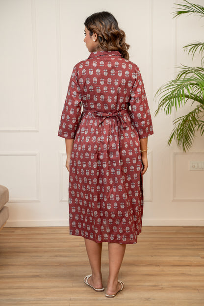 Mulberry Mist Buttoned Cotton  Maternity & Nursing Dress