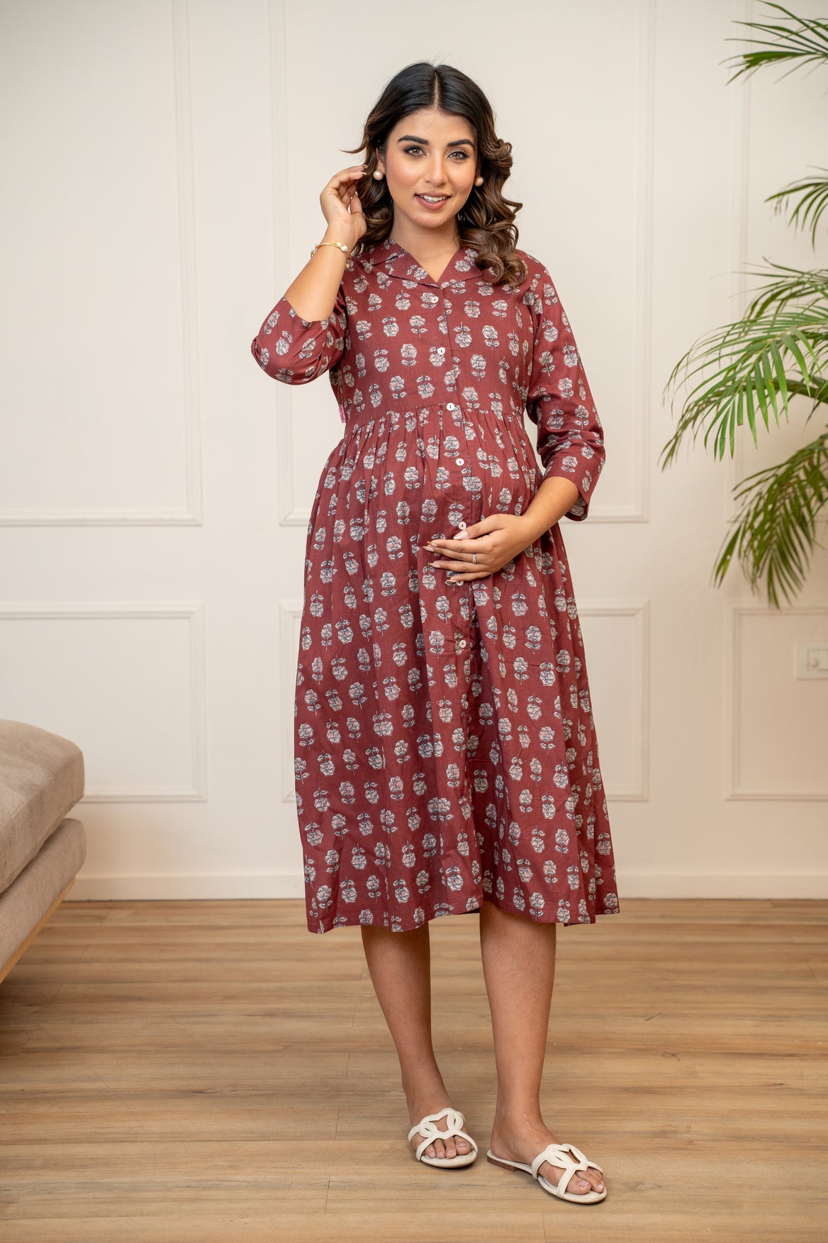 Mulberry Mist Buttoned Cotton  Maternity & Nursing Dress