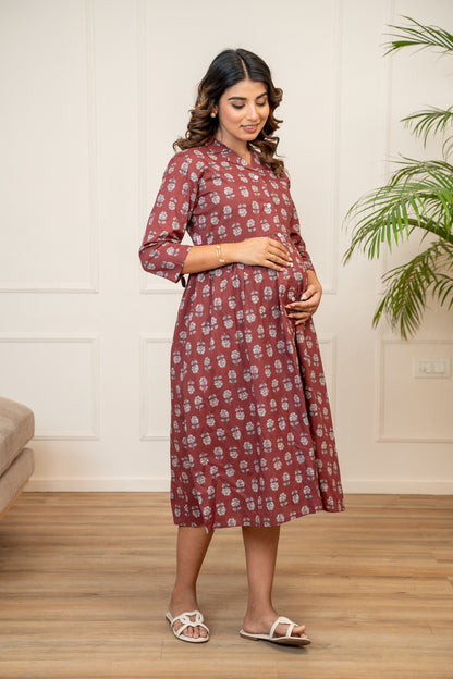 Mulberry Mist Buttoned Cotton  Maternity & Nursing Dress