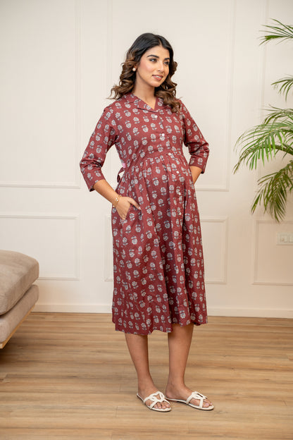 Mulberry Mist Buttoned Cotton  Maternity & Nursing Dress
