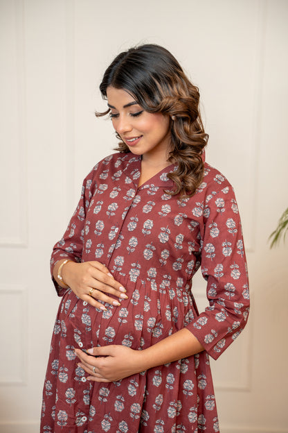 Mulberry Mist Buttoned Cotton  Maternity & Nursing Dress