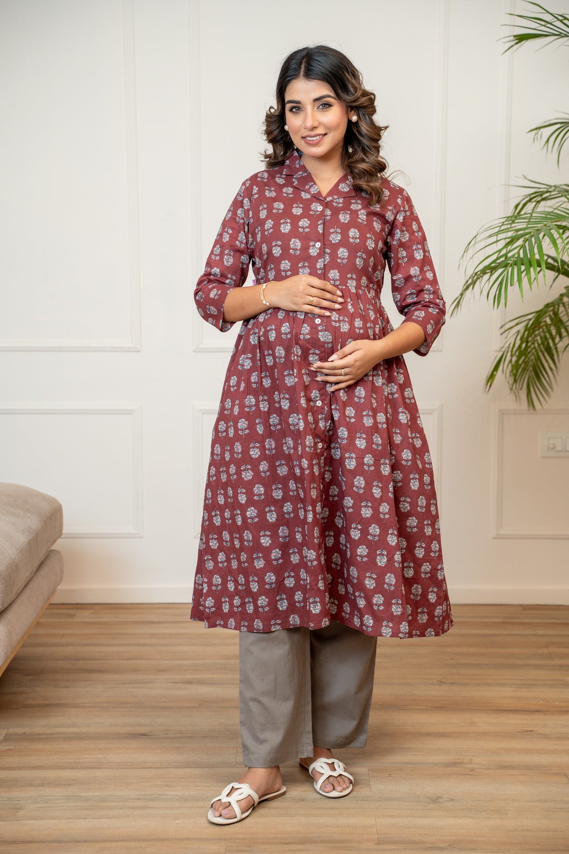 Mulberry Mist Buttoned Cotton Maternity & Nursing Kurta