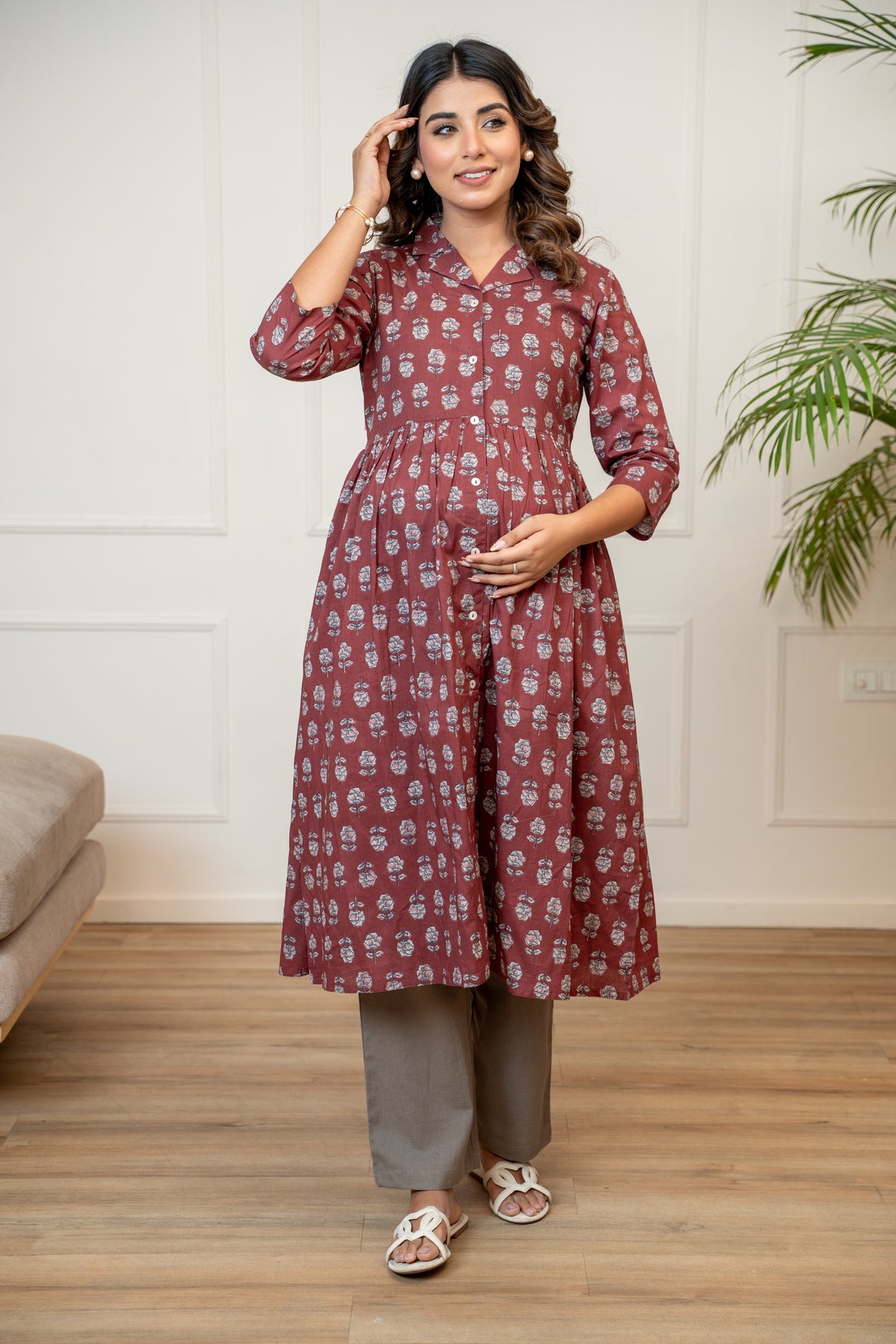 Mulberry Mist Buttoned Cotton Maternity & Nursing Kurta