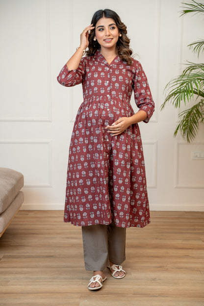 Mulberry Mist Buttoned Cotton Maternity & Nursing Kurta