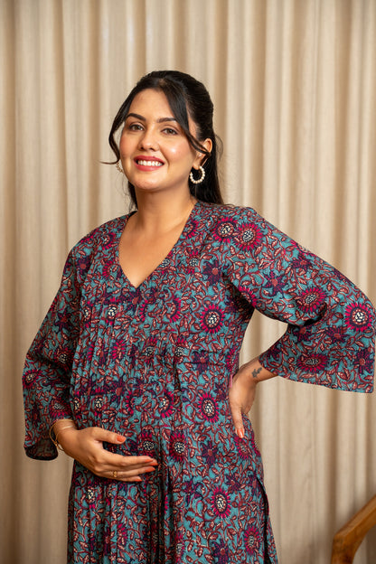 Raat Rani Bloom Pleated Maternity & Nursing Kurta Set