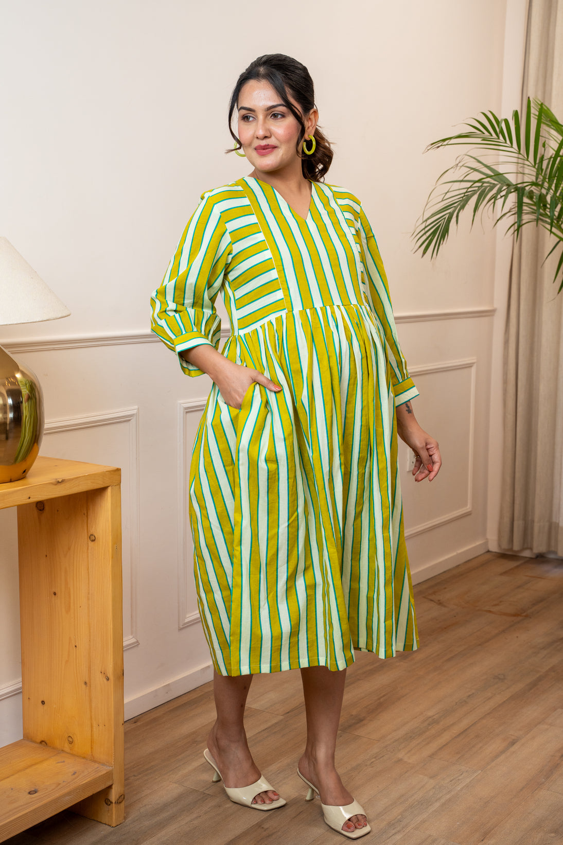 Olive Stripeplay Maternity & Nursing Dress