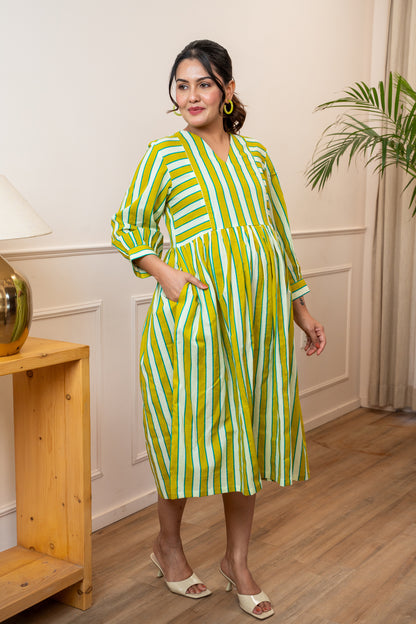 Olive Stripeplay Maternity & Nursing Dress