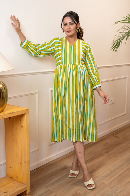 Olive Stripeplay Maternity & Nursing Dress