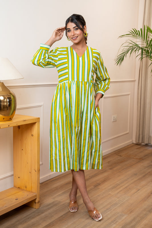 Olive Stripeplay Cotton Dress