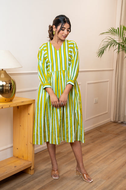Olive Stripeplay Cotton Dress