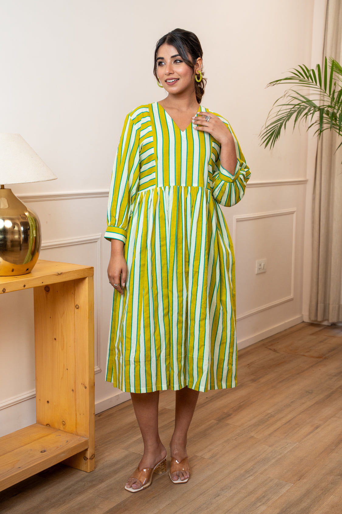 Olive Stripeplay Cotton Dress