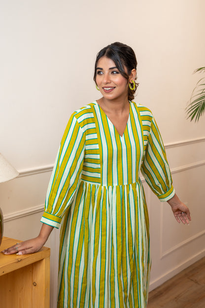 Olive Stripeplay Cotton Dress