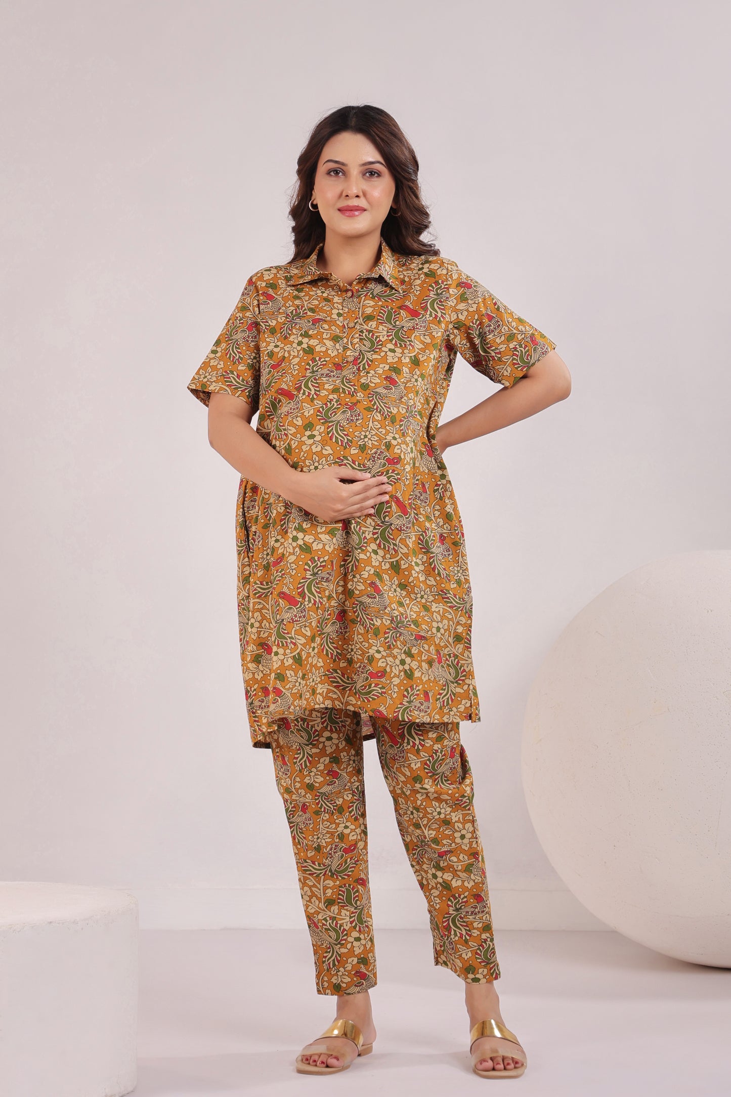 Mustard Kalamkari  Maternity & Nursing Co-ord Set