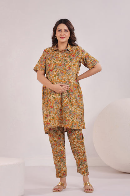 Mustard Kalamkari  Maternity & Nursing Co-ord Set