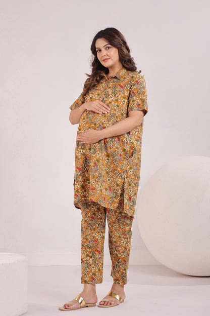 Mustard Kalamkari  Maternity & Nursing Co-ord Set