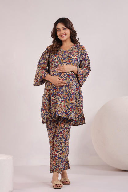 Blue Kalamkari Maternity & Nursing Co-ord Set