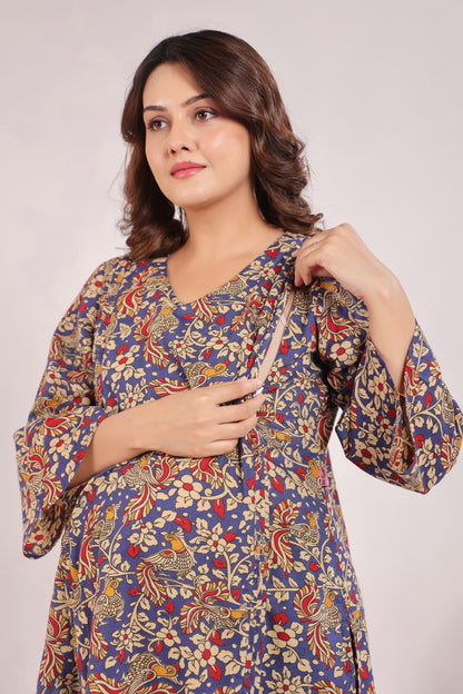 Blue Kalamkari Maternity & Nursing Co-ord Set