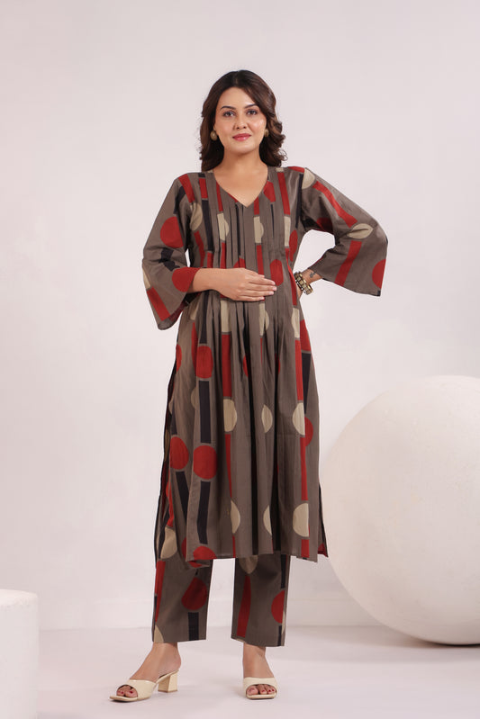 Tribal Echo Grey Maternity & Nursing Kurta Set