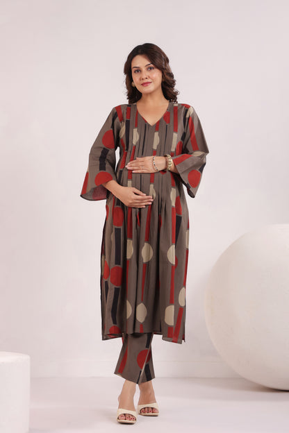Tribal Echo Grey Maternity & Nursing Kurta Set