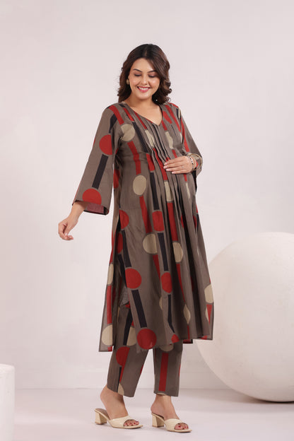 Tribal Echo Grey Maternity & Nursing Kurta Set