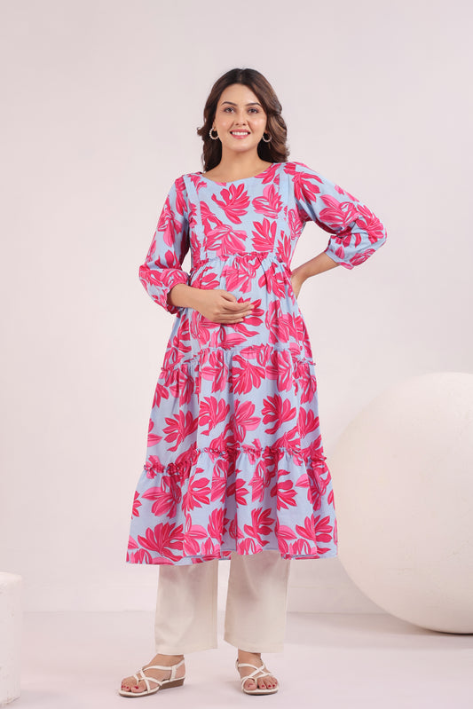 Whispering Leaves Blue Maternity & Nursing Kurta