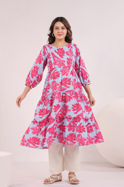 Whispering Leaves Blue Maternity & Nursing Kurta