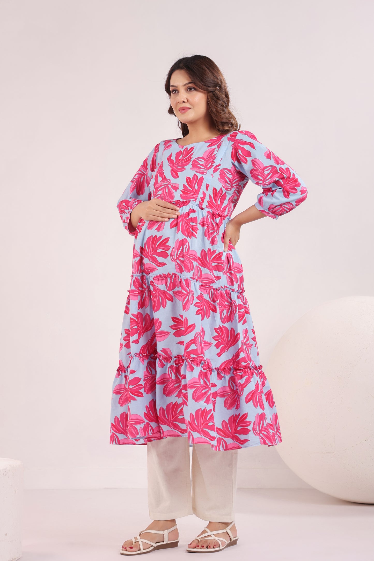 Whispering Leaves Blue Maternity & Nursing Kurta