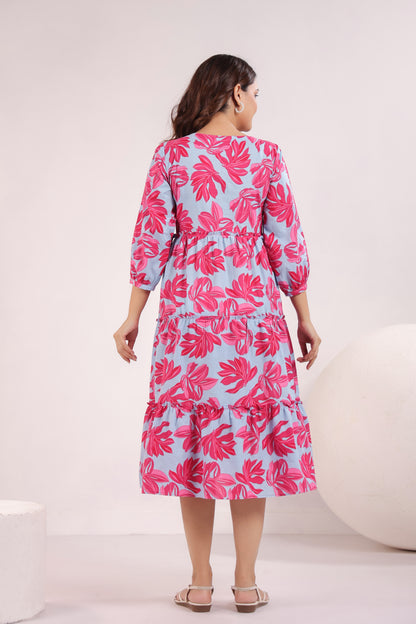 Whispering Leaves Blue Maternity & Nursing Tier Dress