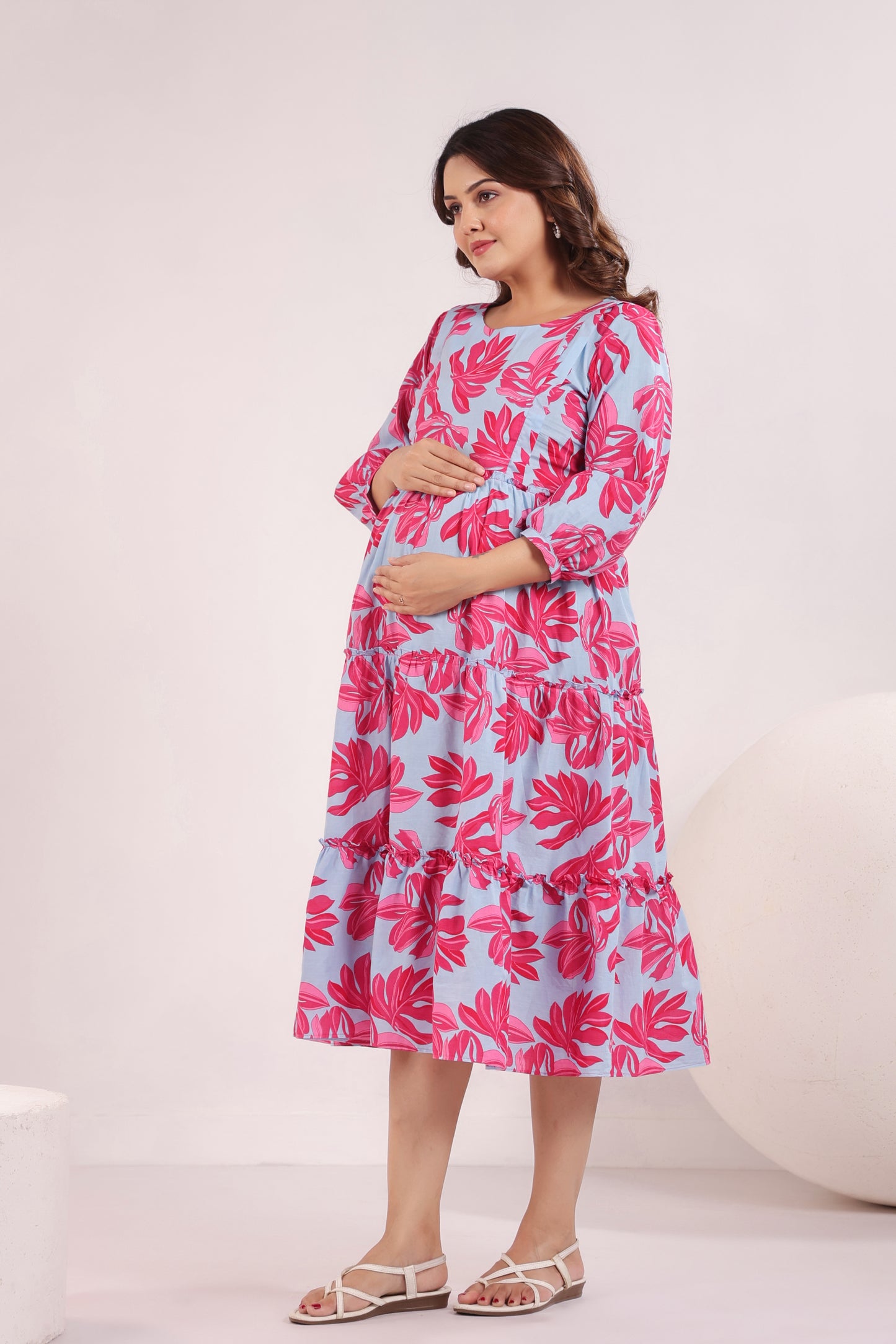 Whispering Leaves Blue Maternity & Nursing Tier Dress
