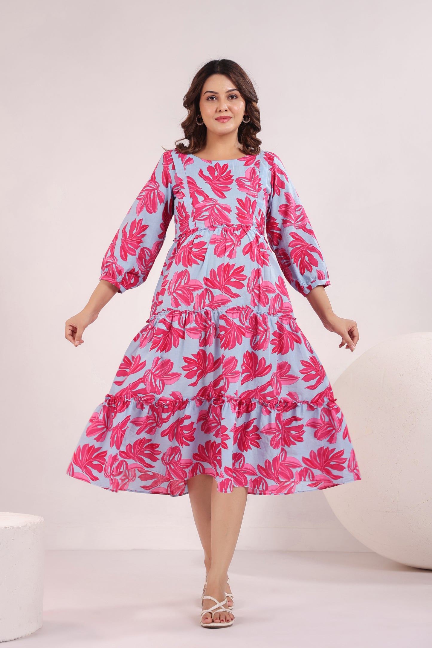 Whispering Leaves Blue Maternity & Nursing Tier Dress