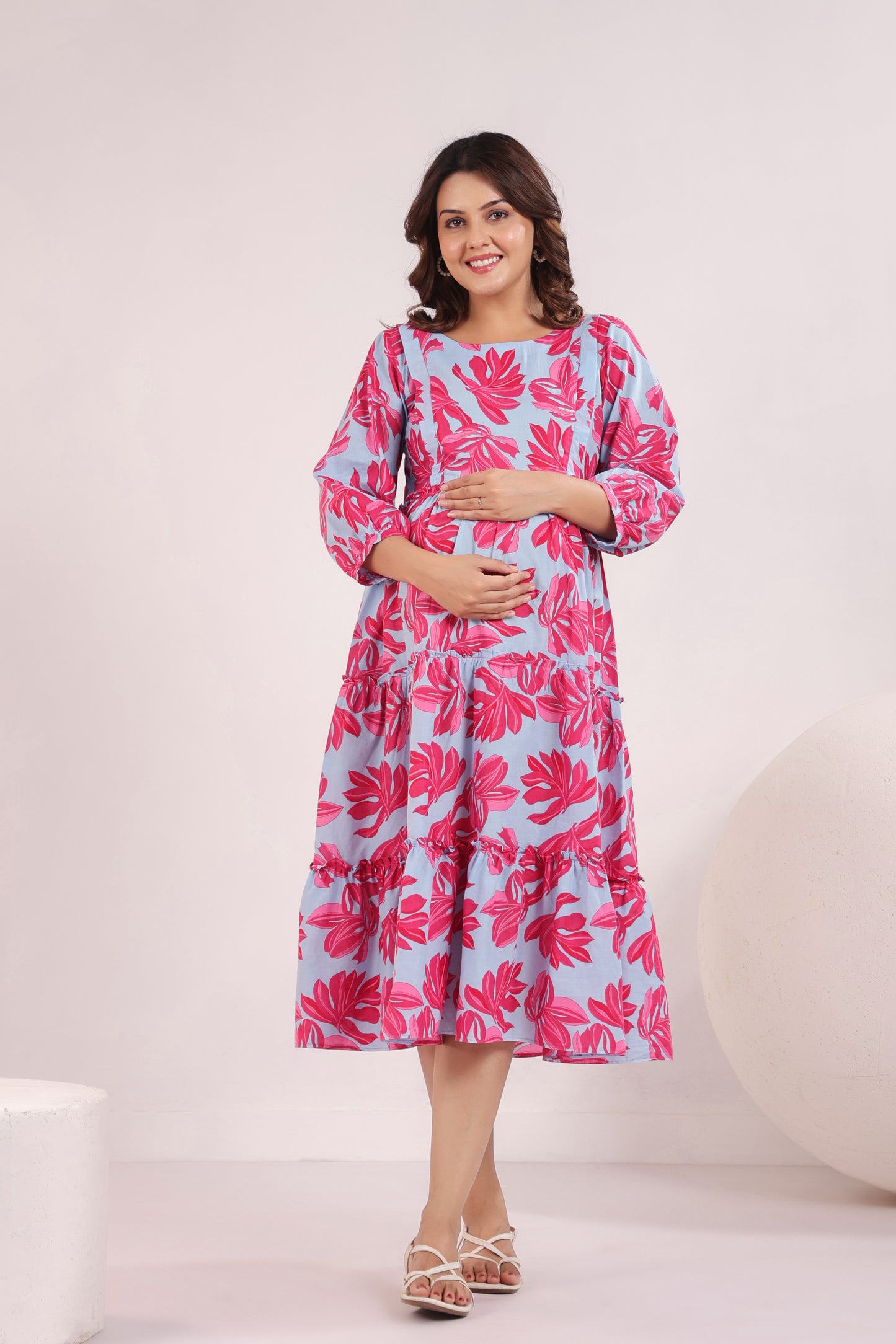 Whispering Leaves Blue Maternity & Nursing Tier Dress