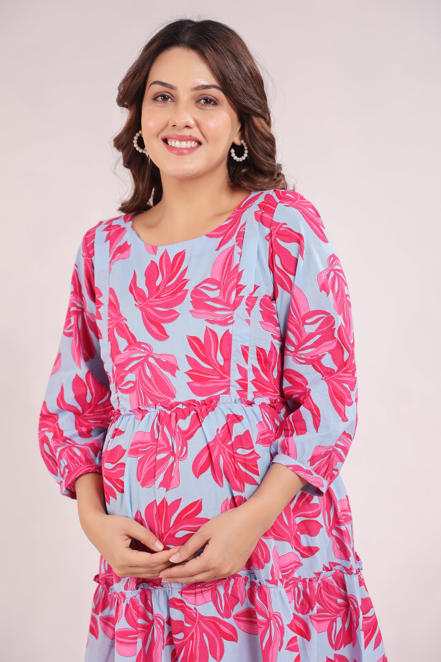 Whispering Leaves Blue Maternity & Nursing Tier Dress