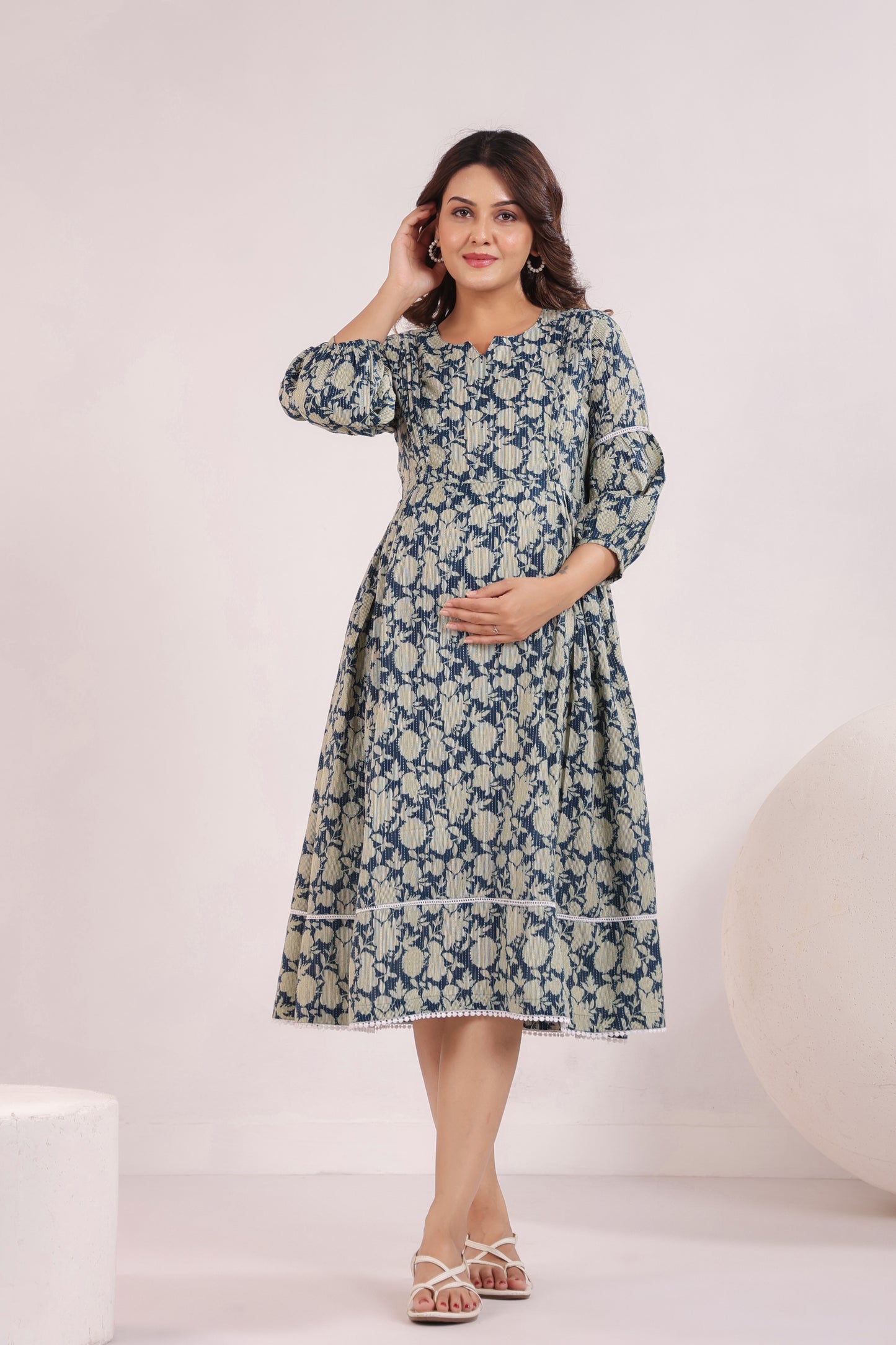 Nature's Indigo Katha Maternity & Nursing Dress