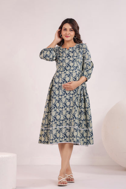 Nature's Indigo Katha Maternity & Nursing Dress