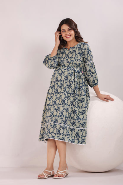 Nature's Indigo Katha Maternity & Nursing Dress