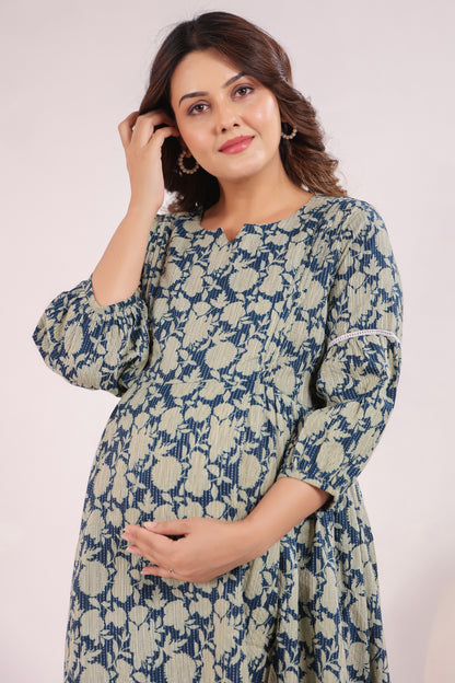 Nature's Indigo Katha Maternity & Nursing Dress