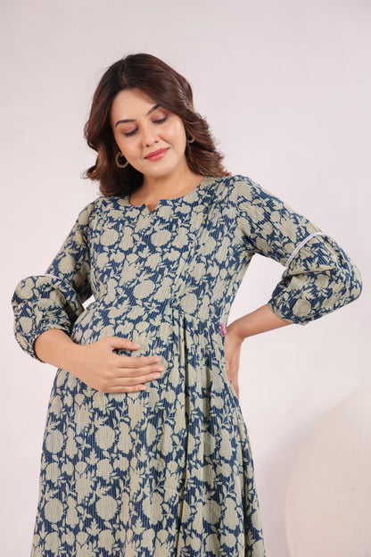 Nature's Indigo Katha Maternity & Nursing Kurta
