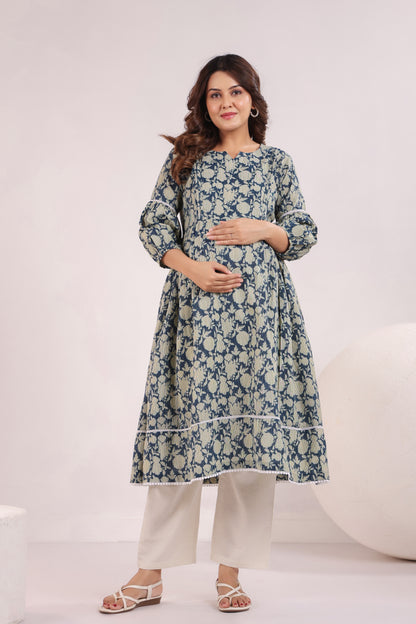 Nature's Indigo Katha Maternity & Nursing Kurta