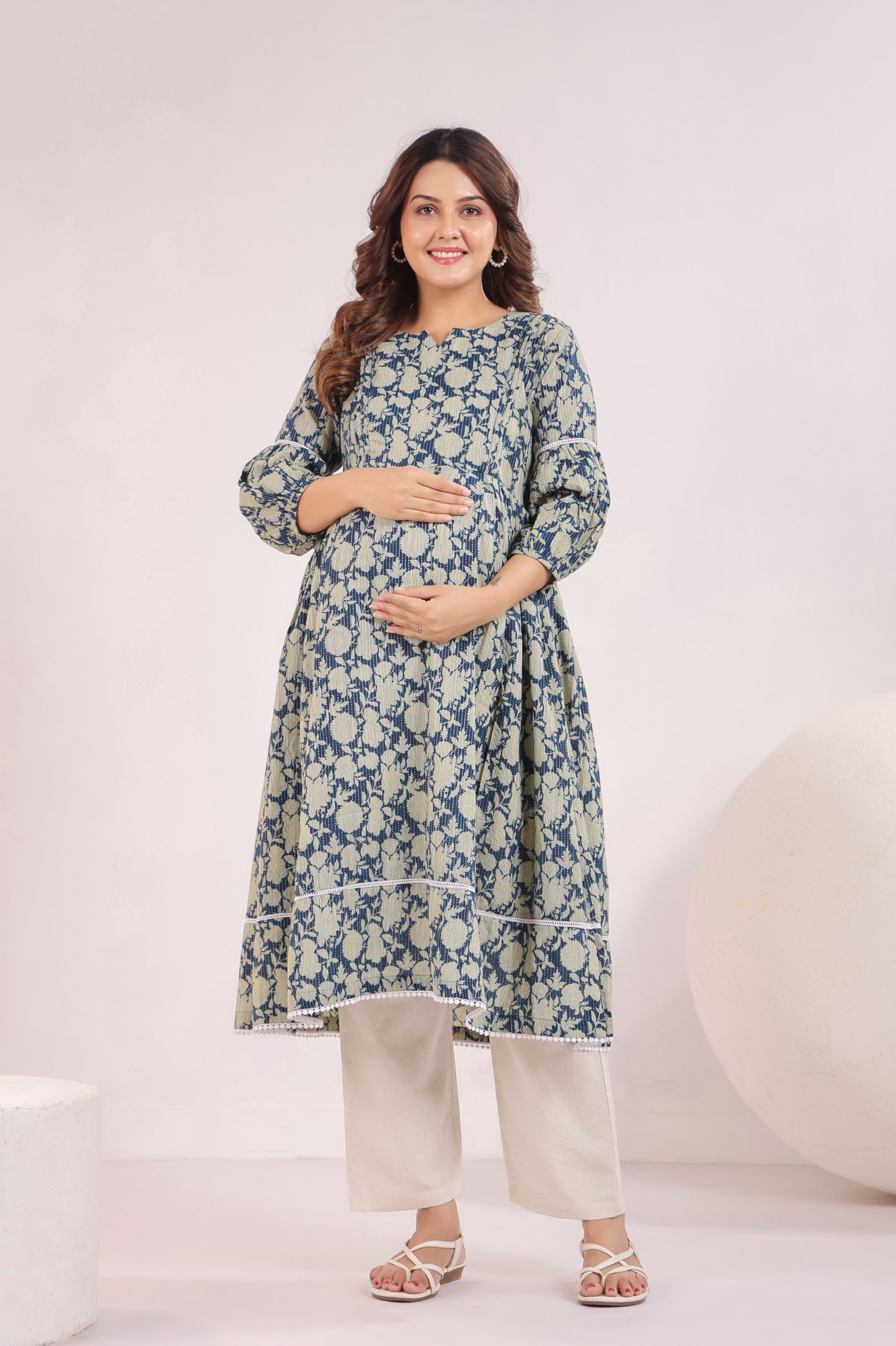 Nature's Indigo Katha Maternity & Nursing Kurta