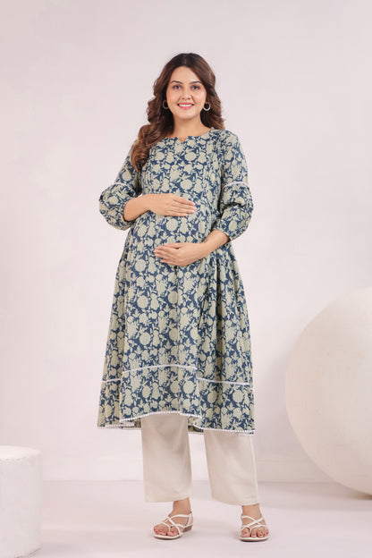 Nature's Indigo Katha Maternity & Nursing Kurta