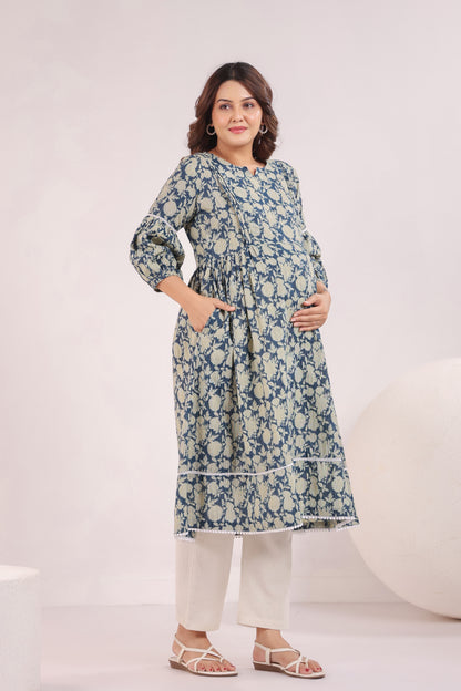 Nature's Indigo Katha Maternity & Nursing Kurta
