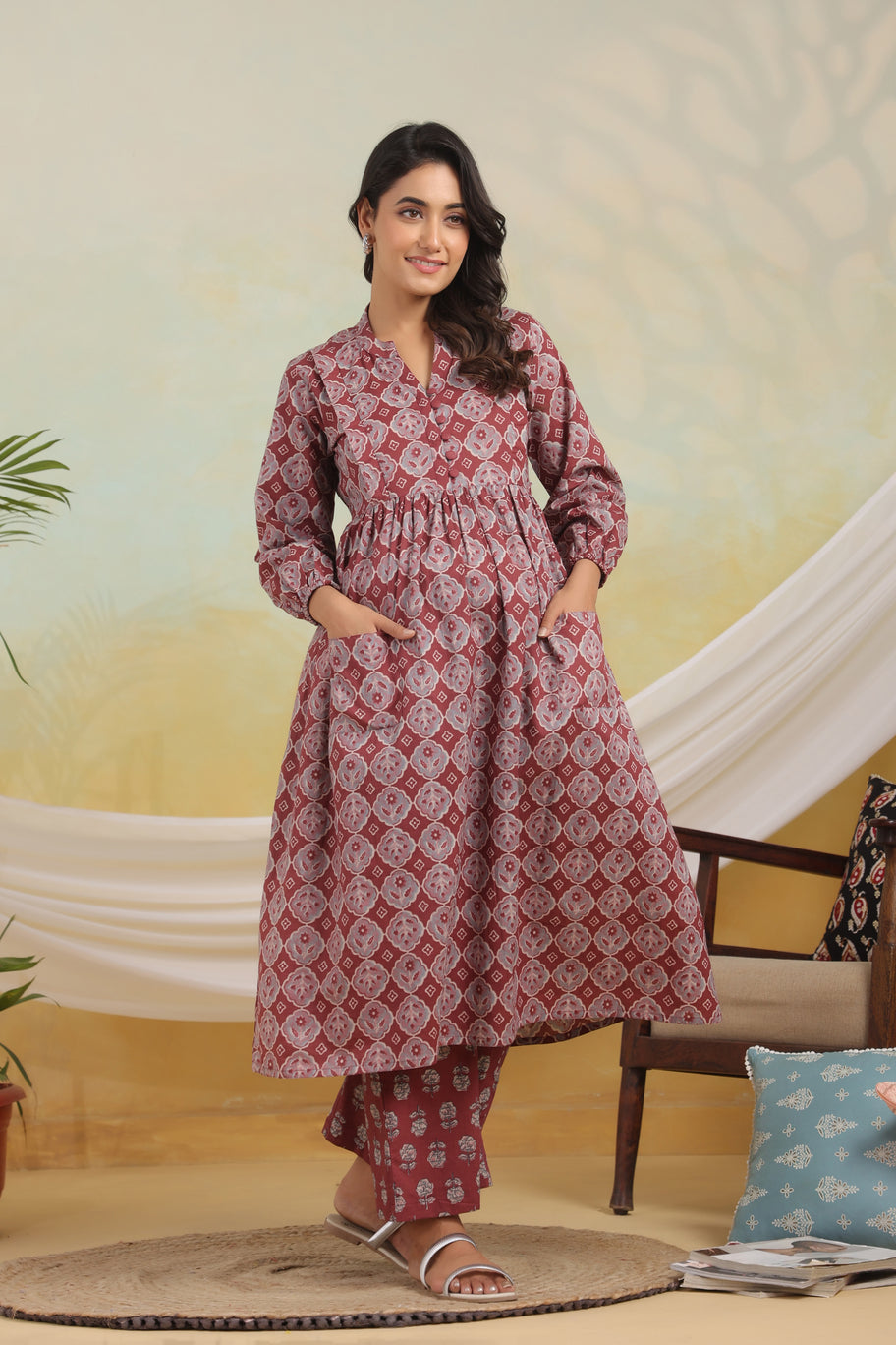Rust Horizon Maternity & Nursing Kurta Set