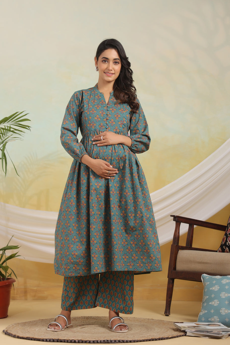 Teal Tranquility Maternity & Nursing Kurta Set