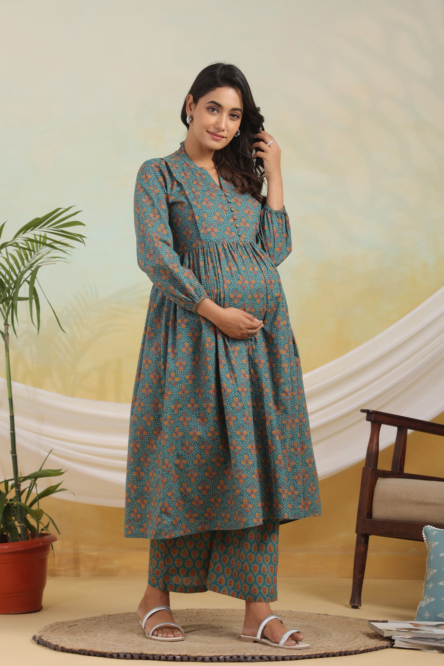Teal Tranquility Maternity & Nursing Kurta Set