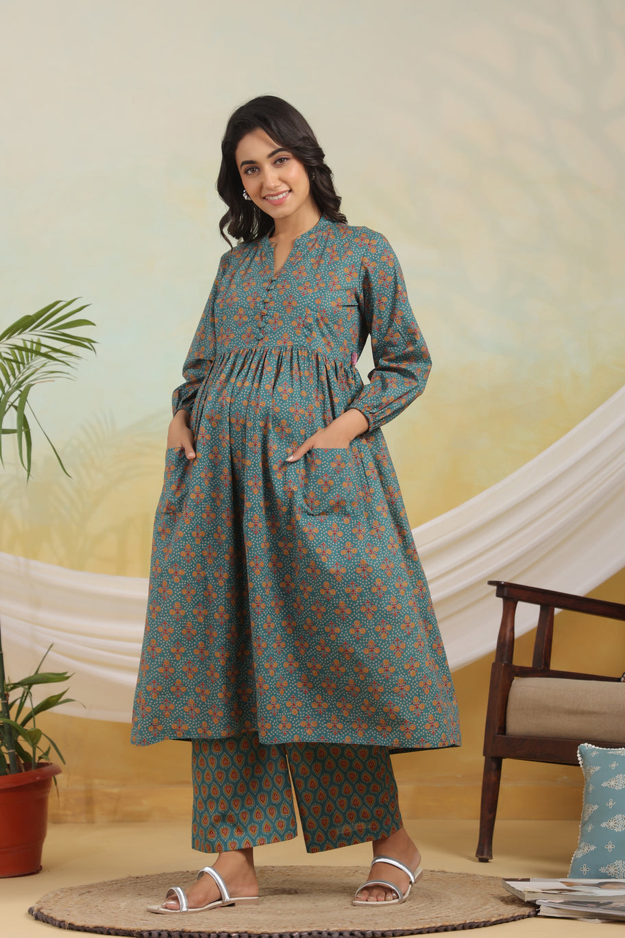 Teal Tranquility Maternity & Nursing Kurta Set