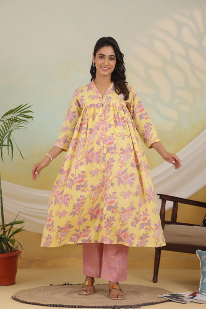 Yellow Amber Bloom Maternity & Nursing Kurta Set