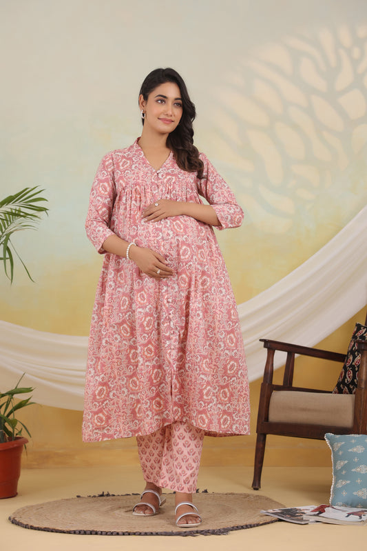 Peach Bloom Maternity & Nursing Kurta Set